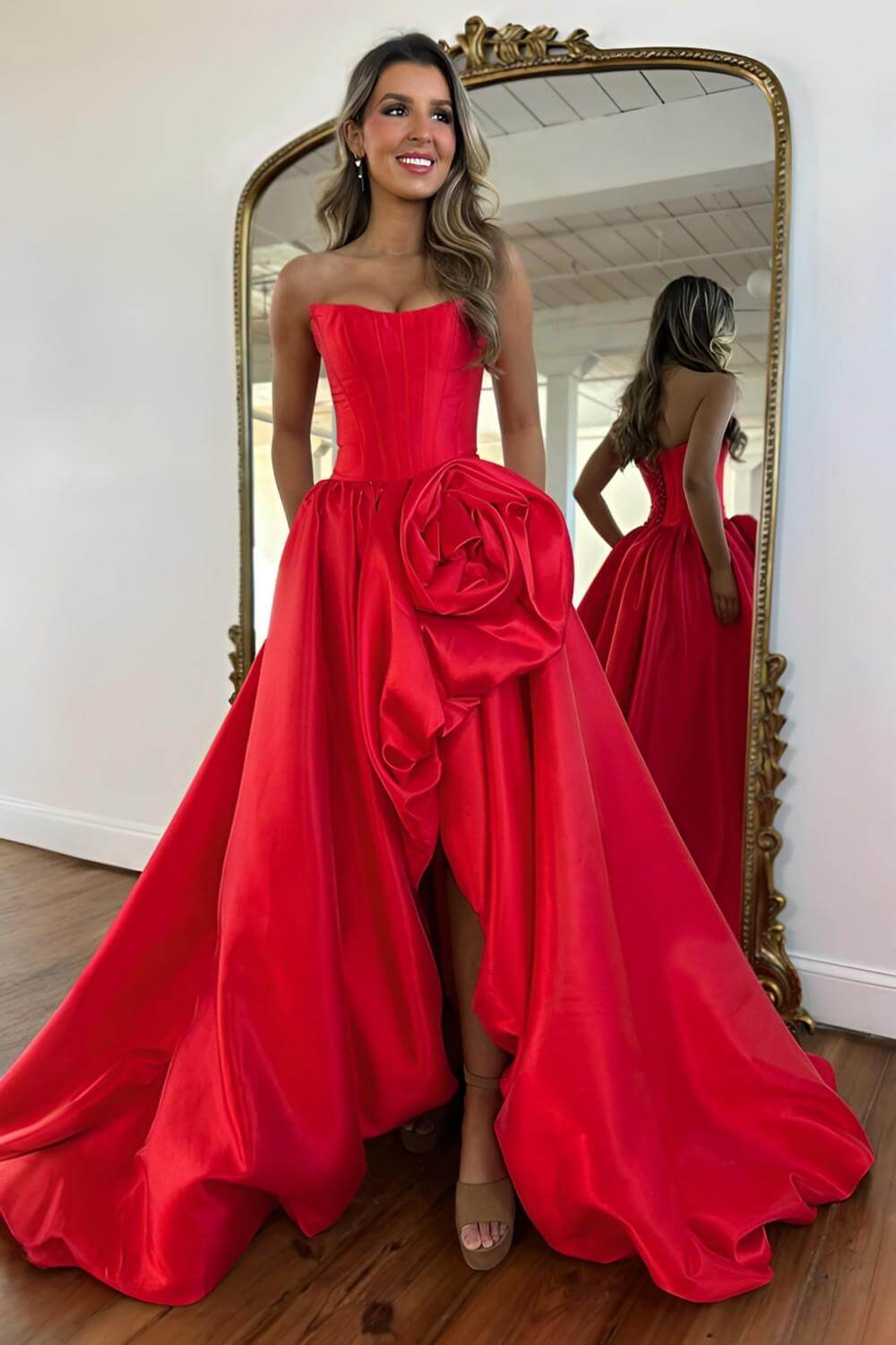 Blush A Line Satin Strapless Long Corset Prom Dress With 3D Flower