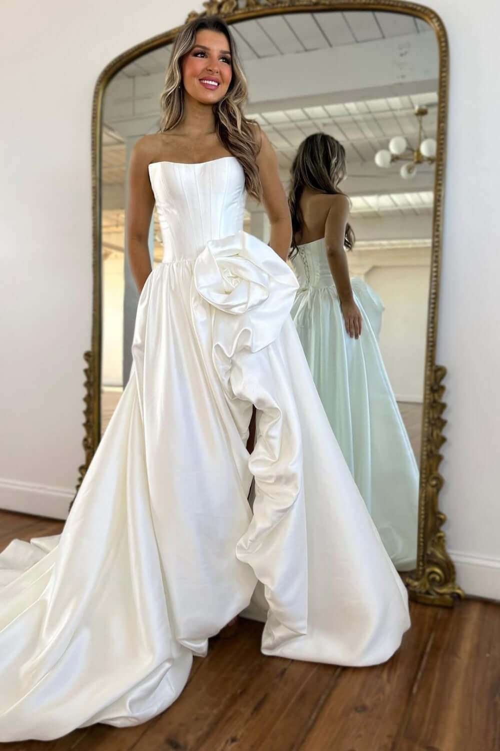 Blush A Line Satin Strapless Long Corset Prom Dress With 3D Flower