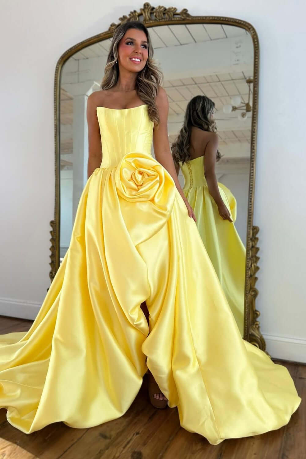 Blush A Line Satin Strapless Long Corset Prom Dress With 3D Flower