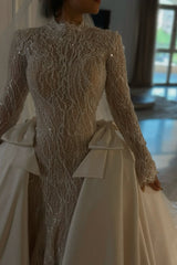 Luxury Long Sleeve Wedding Dress Beaded Mermaid High Neck Bridal Gown with Detachable Train