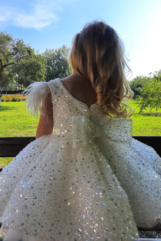 White Sparkly Crew Neck Ball Gown Flower Girl Dress with Feathers