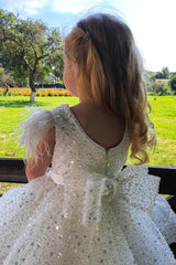 White Sparkly Crew Neck Ball Gown Flower Girl Dress with Feathers