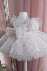 White Sparkly Crew Neck Ball Gown Flower Girl Dress with Feathers