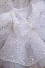 White Sparkly Crew Neck Ball Gown Flower Girl Dress with Feathers