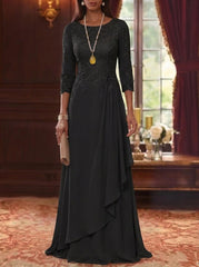 A-Line/Princess Scoop Chiffon Mother of the Bride Dresses 3/4 Sleeves Lace Floor-Length With Pleated