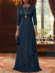 A-Line/Princess Scoop Chiffon Mother of the Bride Dresses 3/4 Sleeves Lace Floor-Length With Pleated