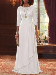 A-Line/Princess Scoop Chiffon Mother of the Bride Dresses 3/4 Sleeves Lace Floor-Length With Pleated