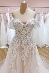 Ivory Tulle Lace Wedding Dress Off the Shoulder A-Line Bridal Dress with Sweep Train