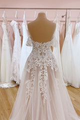 Ivory Tulle Lace Wedding Dress Off the Shoulder A-Line Bridal Dress with Sweep Train