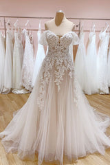 Ivory Tulle Lace Wedding Dress Off the Shoulder A-Line Bridal Dress with Sweep Train