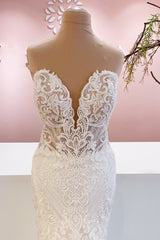 White Tulle Lace Wedding Dress Mermaid Sweetheart Bridal Dress with Sweep Train