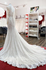 Ivory Tulle Lace Wedding Dress Mermaid Long Sleeves Bridal Dress with Sweep Train