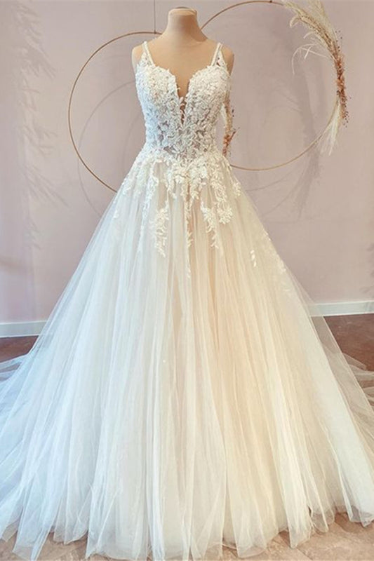 Ivory Tulle Lace Wedding Dress A-Line Spaghetti Straps Bridal Dress with Sweep Train