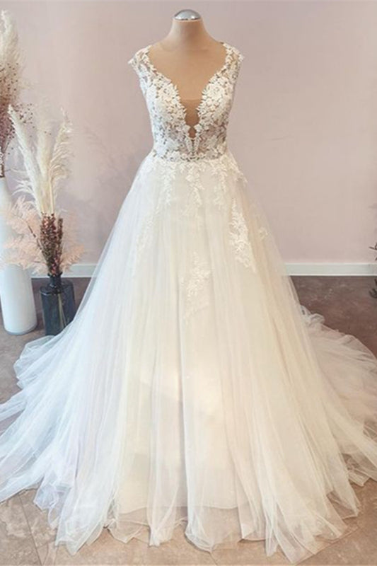 Ivory Tulle Lace Wedding Dress A-Line Cap Sleeves Bridal Dress with Sweep Train