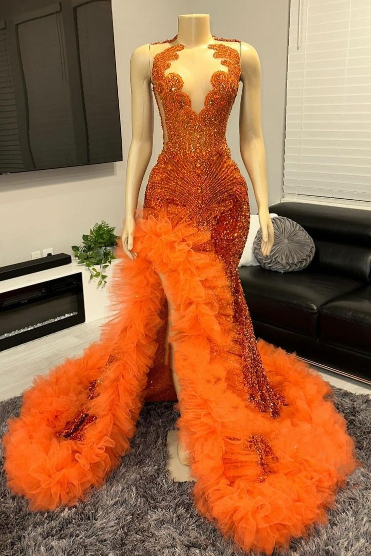 Mermaid Beaded Prom Dress Tulle Ruffles Sequined Formal Dress