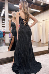 Mermaid Black Prom Dress Beaded Corset Long Formal Dress With Slit