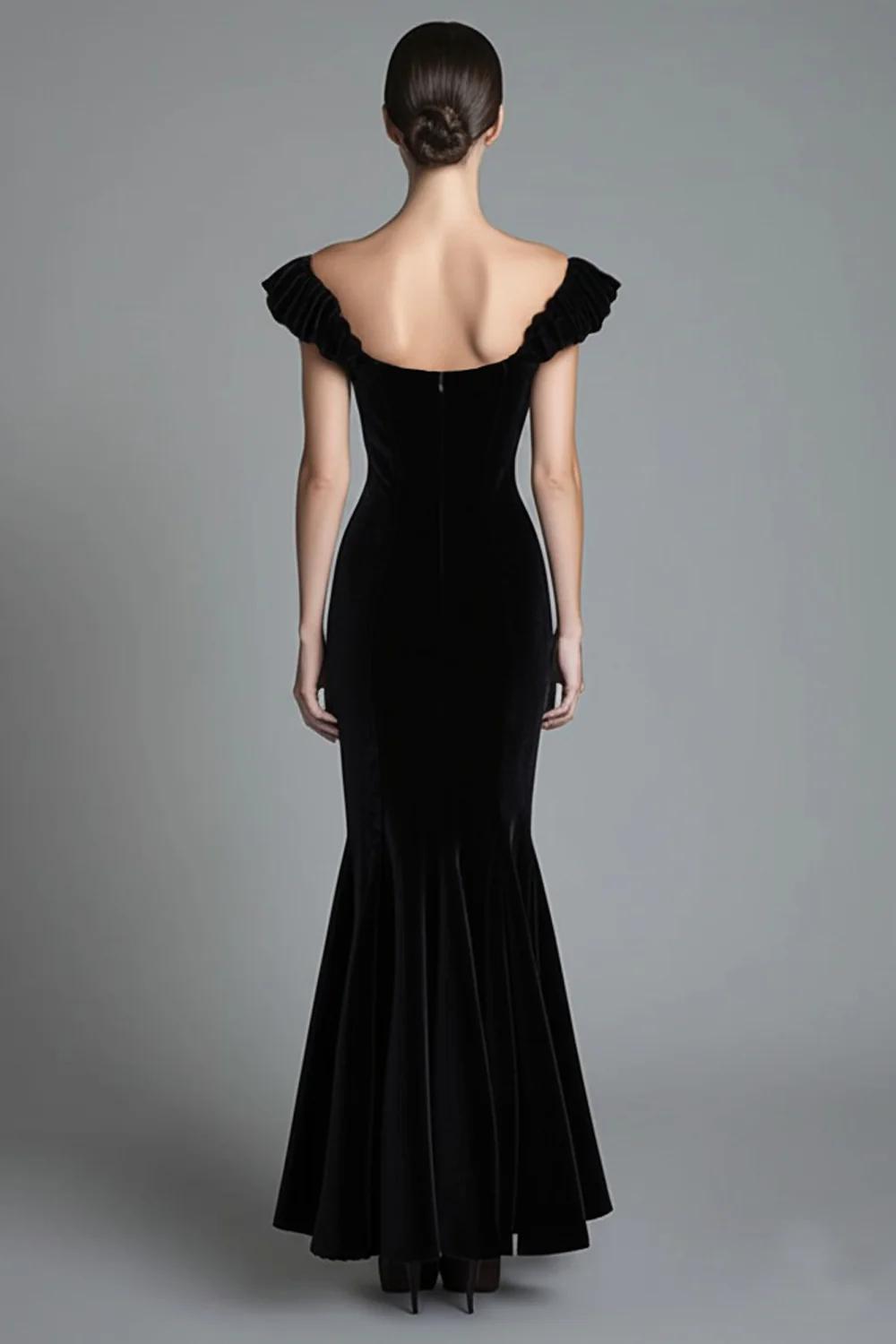 Dreamyannie Women Mermaid Black Velvet Wedding Guest Dress Off The