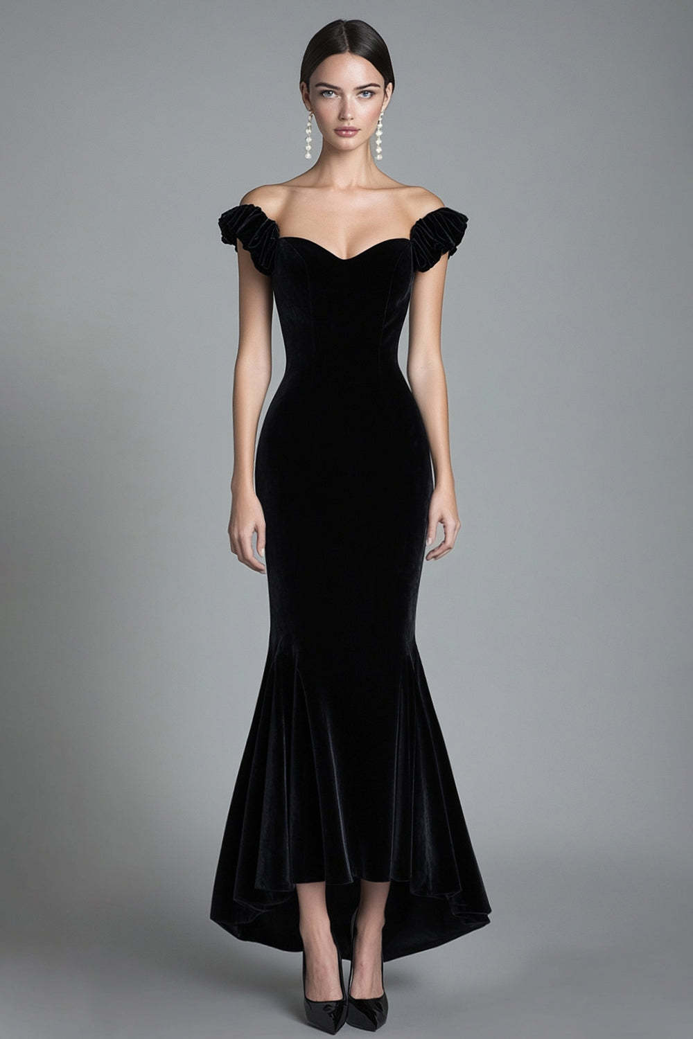 Mermaid Black Velvet Wedding Guest Dress Off The Shoulder Long Christmas Party Dress