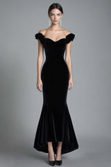 Mermaid Black Velvet Wedding Guest Dress Off The Shoulder Long Christmas Party Dress