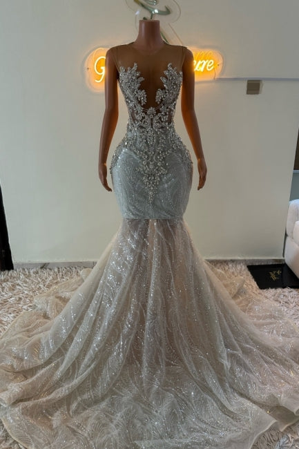 Mermaid Crew Beaded Sleeveless Sweep Train Tulle Formal Dress