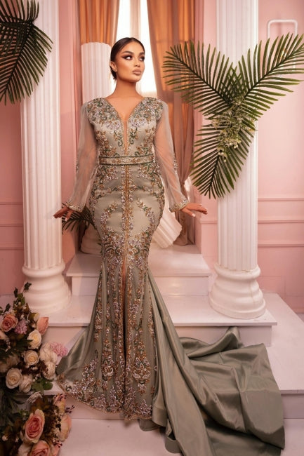 Mermaid Formal Dress V Neck Tulle Embroidery Long Sleeve Evening Dress With Slit