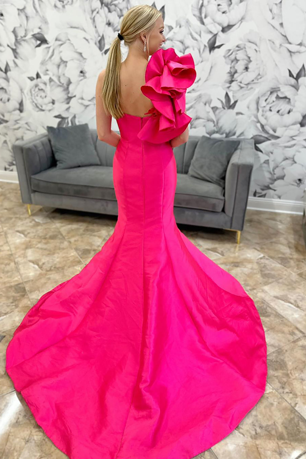 Mermaid Fuchsia Prom Dress One Shoulder Ruffled Long Formal Dress
