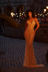 Mermaid Halter Asymmetrical Sleeveless Beaded Formal Dress With Pearls And Rhinestone