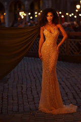 Mermaid Halter Asymmetrical Sleeveless Beaded Formal Dress With Pearls And Rhinestone