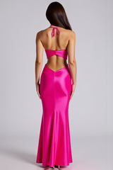 Mermaid Halter Fuchsia Wedding Guest Dress Satin Long Formal Dress