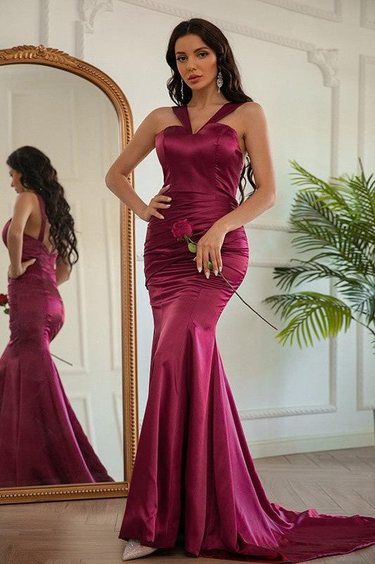 Mermaid Halter Neck Prom Dress Sleeveless Satin Formal Dress