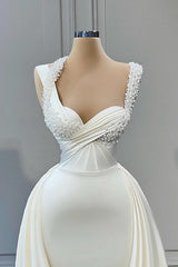 Mermaid Halter Sweetheart Wedding Dress Beaded Floor Length Sleeveless Evening Gown With Side Train
