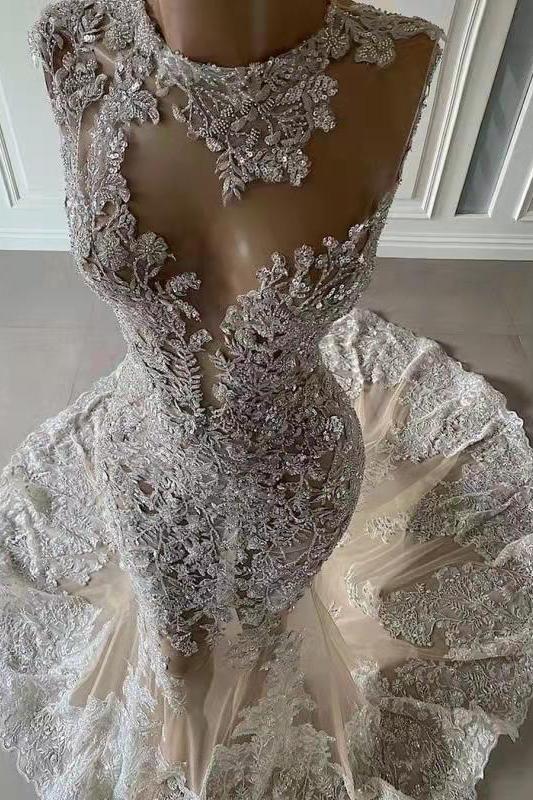 Mermaid Lace Appliques Tulle Wedding Dress