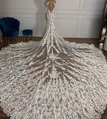 Mermaid Lace Wedding Dress Cap Sleeve Bridal Gown with Long Train