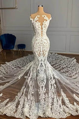 Mermaid Lace Wedding Dress Cap Sleeve Bridal Gown with Long Train