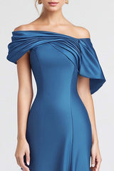 Mermaid Long Blue Wedding Guest Dress Off The Shoulder Sheath Satin Formal Dress