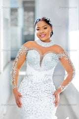 Mermaid Long Sleeve Wedding Dress Luxury Beaded Bridal Gown with Ruffled Skirt
