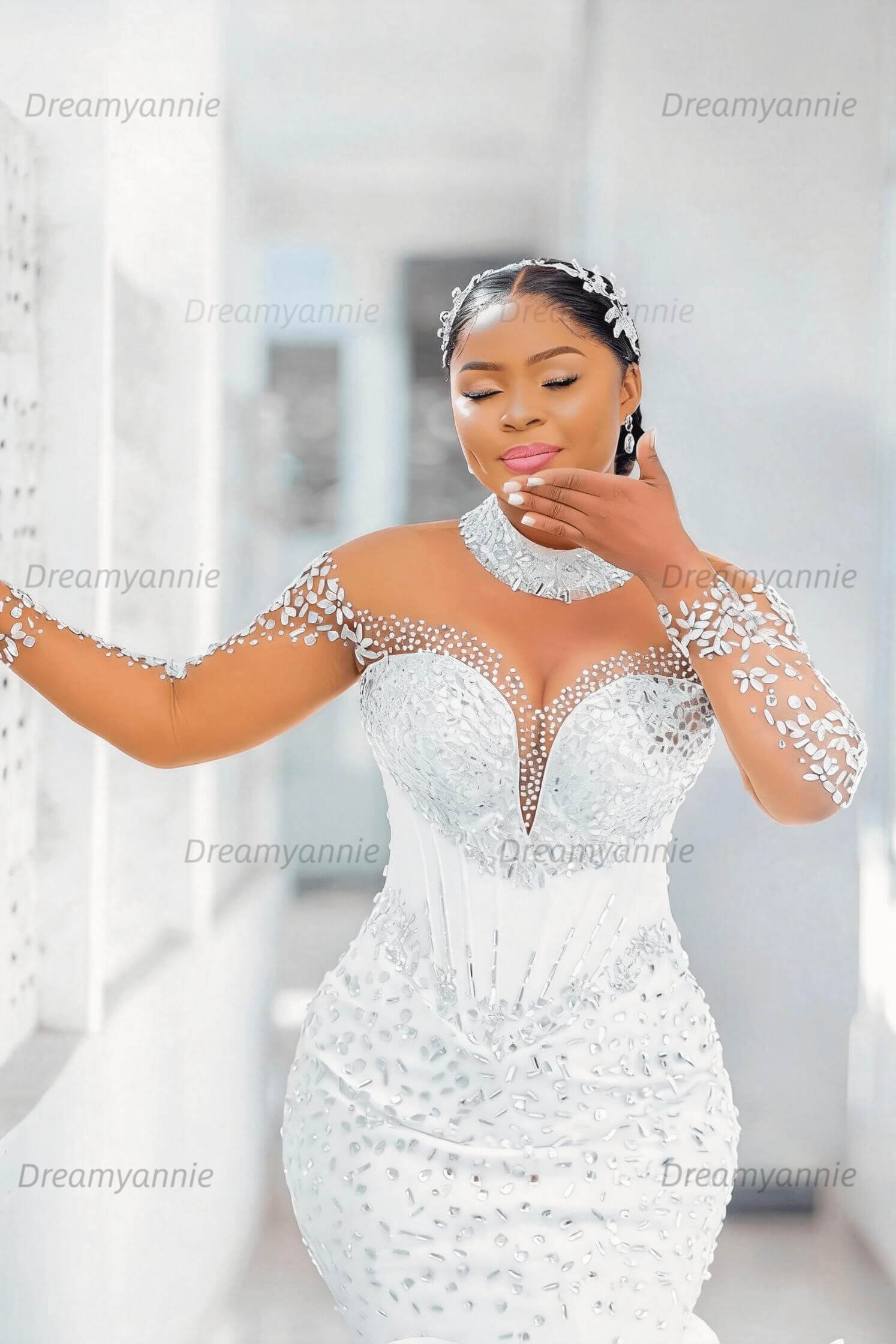 Mermaid Long Sleeve Wedding Dress Luxury Beaded Bridal Gown with Ruffled Skirt