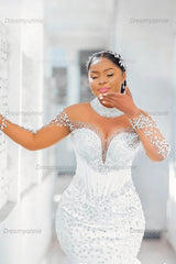 Mermaid Long Sleeve Wedding Dress Luxury Beaded Bridal Gown with Ruffled Skirt