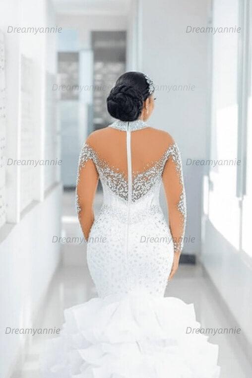 Mermaid Long Sleeve Wedding Dress Luxury Beaded Bridal Gown with Ruffled Skirt