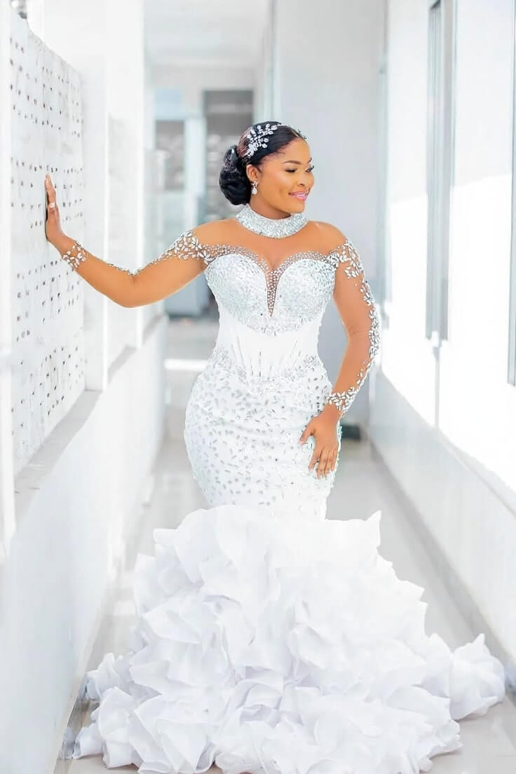 Mermaid Long Sleeve Wedding Dress Luxury Beaded Bridal Gown with Ruffled Skirt