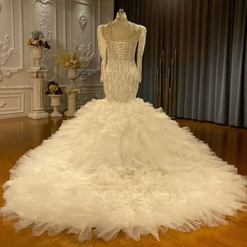 Mermaid Long Sleeve Wedding Dress Luxury Beaded Tulle Tiered Bridal Gown