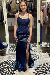 Mermaid Navy Prom Dress Corset Long Lace Formal Dress With Slit