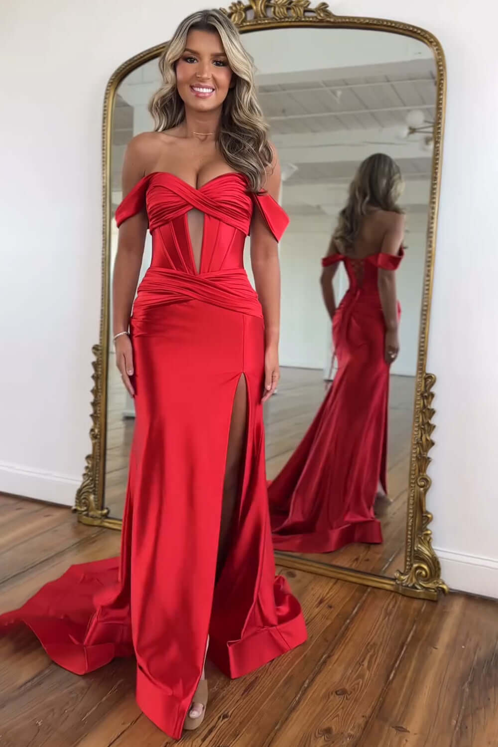 Dreamyannie Emerald Green Prom Dress Off The Shoulder Mermaid Long Formal Dress With Slit