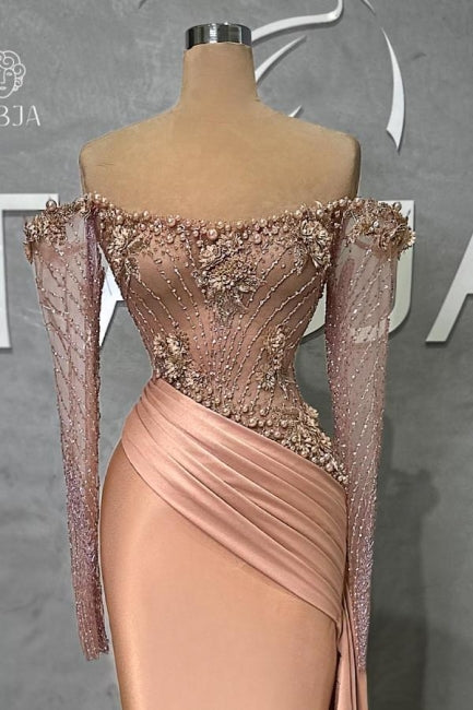 Mermaid Off The Shoulder Satin Beading Pearls Formal Dress With Sleeves