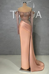 Mermaid Off The Shoulder Satin Beading Pearls Formal Dress With Sleeves