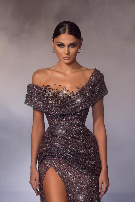 Mermaid Off The Shoulder Sequined Beading Formal Dress With Slit