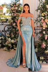 Mermaid Off The Shoulder Sleeveless Formal Dress With Glitter