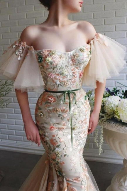 Mermaid Off The Shoulder Tulle Lace Formal Dress With Flowers