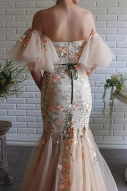 Mermaid Off The Shoulder Tulle Lace Formal Dress With Flowers