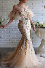Mermaid Off The Shoulder Tulle Lace Formal Dress With Flowers